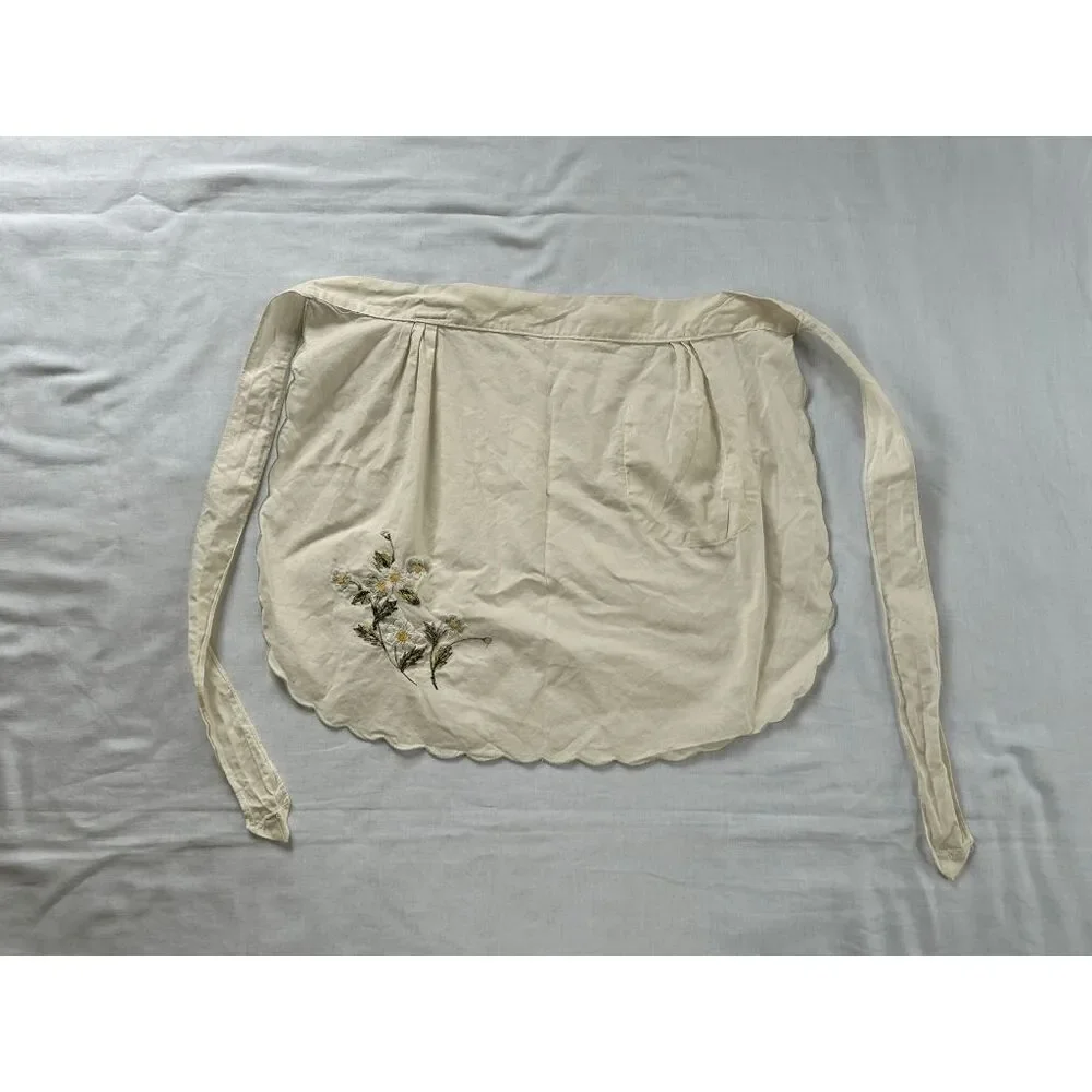 Handmade Kitchen Apron, Cream Colored, Embroidered, Pocket, Tie, Flowers,